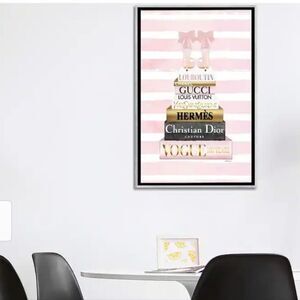 Amanda Greenwood, Tall Pink & Gold w/Bow Shoes Pink Stripe, Framed Wall Decor